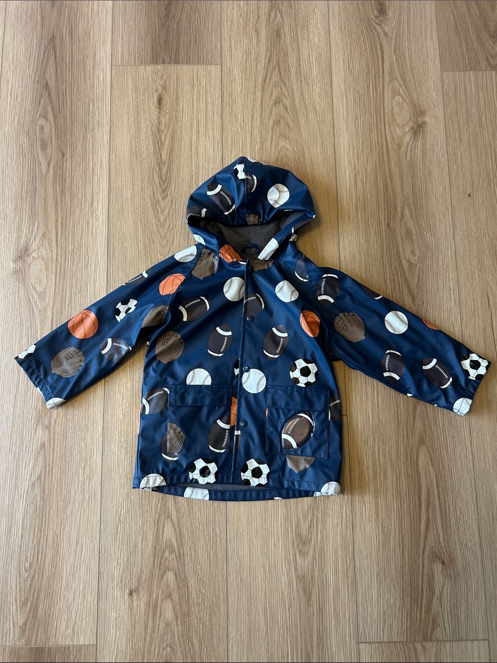 Kids Navy Sports-Print Rain Jacket with Hood